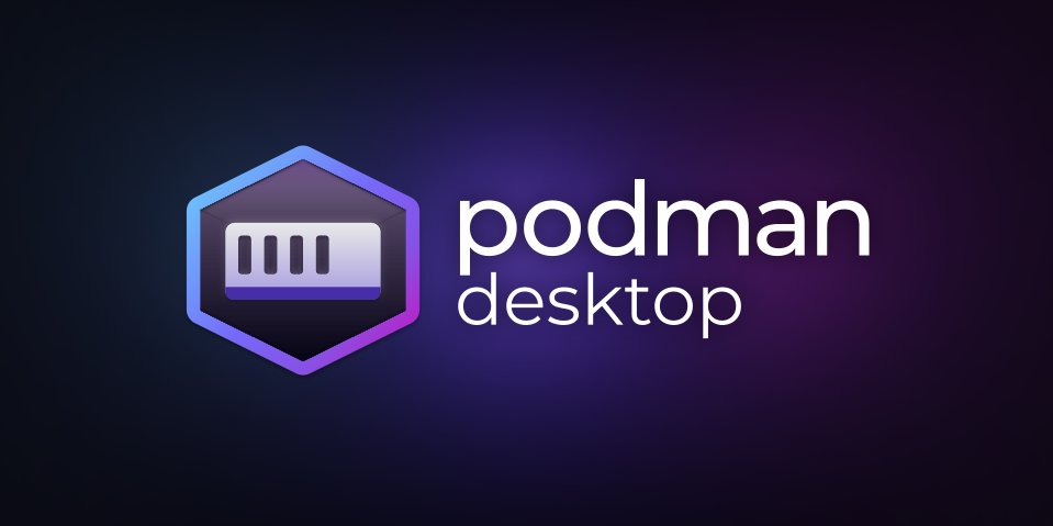 Podman Desktop Podman Desktop branding banner with the container-shaped hexagonal logo and the 'podman desktop' wordmark on a dark blue gradient.