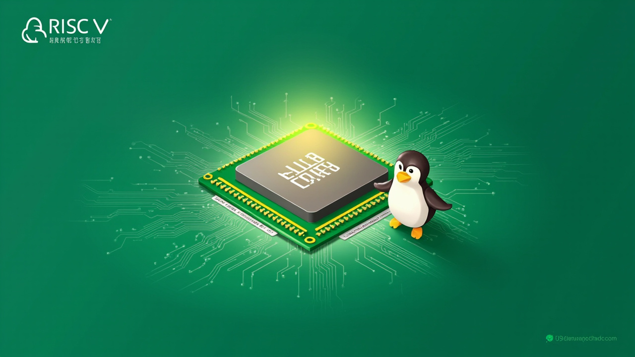RISC-V RVA23 silicon (AI-generated illustration) AI-generated illustration of a RISC-V RVA23 chip with a Tux penguin for scale on a green PCB.