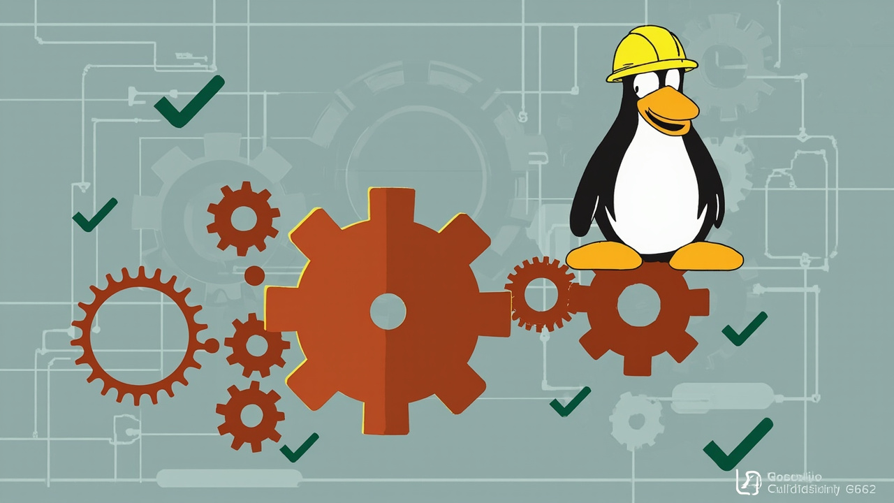 AI-generated illustration of a Rust gear meshing with the Tux penguin, symbolising the completed Rust coreutils migration.