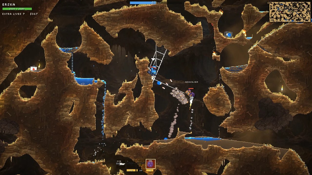 Grass burns on the ledges above rising lava Volcano biome — lava skins into stone while Dirtlings trade fire across lava flats.
