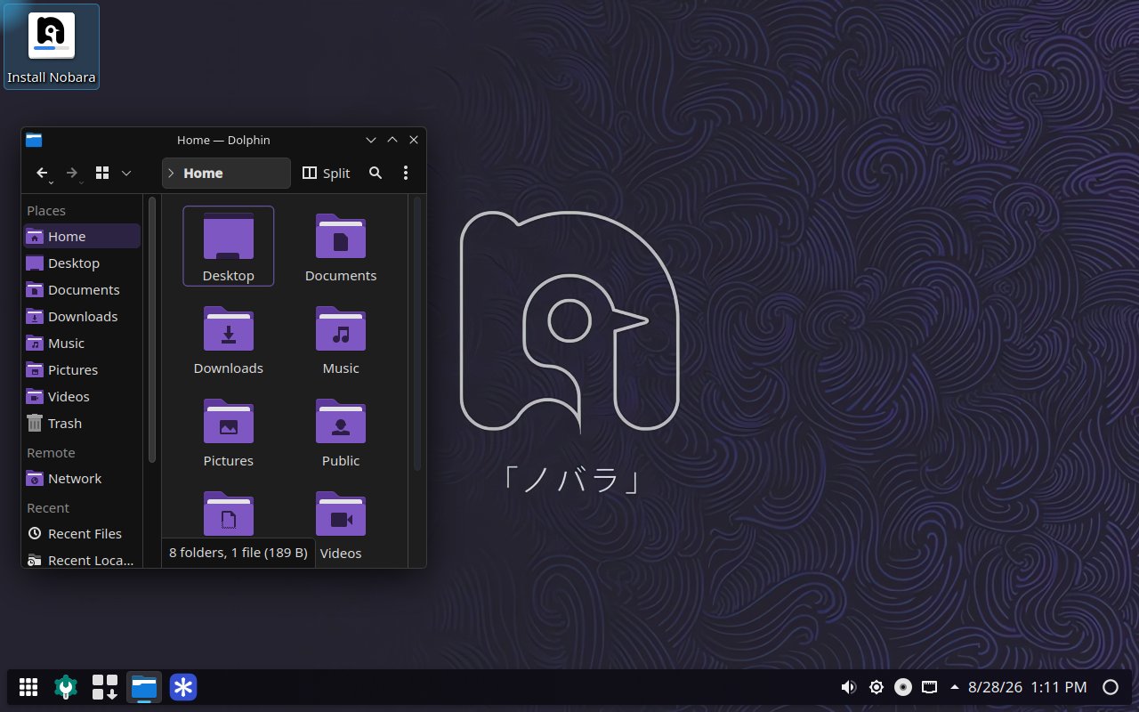 Official edition — KDE Plasma with Nobara presets Nobara 44 Official 版桌面,基于 KDE Plasma 的 Nobara 定制面板与游戏快捷方式
