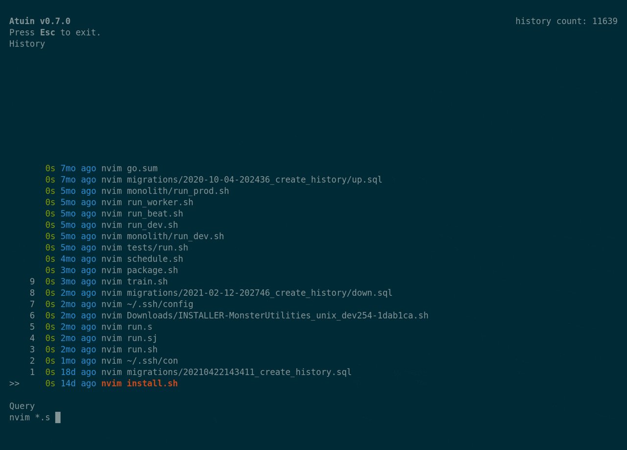 Full-text search with context (cwd, exit code, duration, host, time) Atuin 交互式搜索提示框,模糊匹配过滤此前的 kubectl 命令