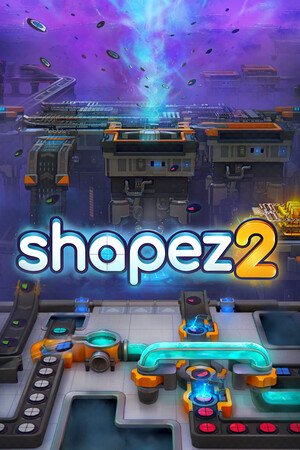 shapez 2 官方 Steam 竖版胶囊图,中央为 shapez 2 字标,前景为网格平台上等距视角的工厂机械特写,背景是紫色小行星漂浮的太空场景和远处悬浮的工厂平台。来自 shapez 2 官方 Steam 商城的真实截图。