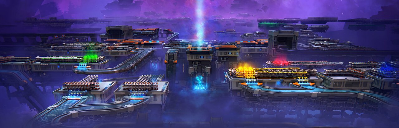 shapez 2 官方 Steam 库英雄横幅:1920x620 电影感的广阔 3D 工厂场景,平台漂浮在紫色宇宙星云之中,带青色能量光柱、传送带和发光处理区。来自 shapez 2 官方 Steam 商城的真实截图。