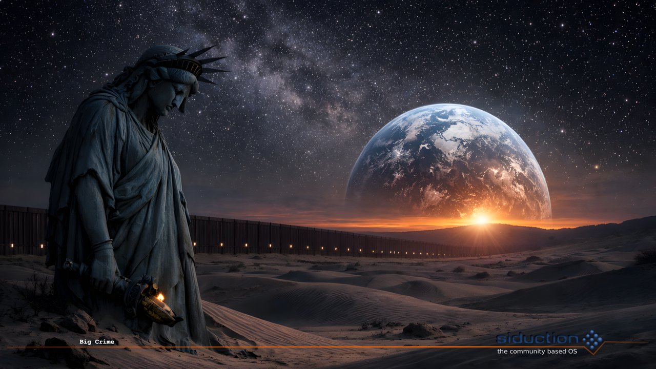 Official siduction GRUB boot theme background for the 2026.1 'Big Crime' release, showing the space-themed Statue of Liberty artwork with the siduction logo