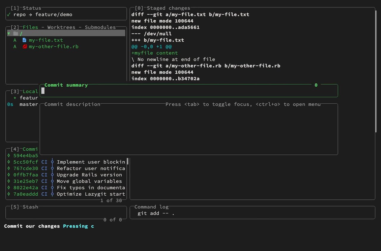 Staging changes in lazygit — single-keypress operations replace multi-flag git invocations. 官方 lazygit 演示视频的早期帧,显示在运行 git 命令后,文件面板即将暂存更改。