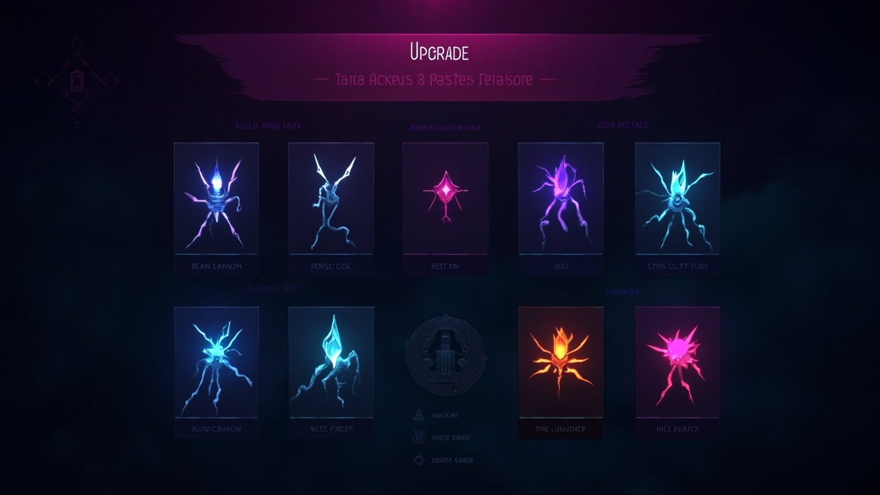 Pick your arsenal AI 生成的插图:六张元素武器卡的升级选择界面